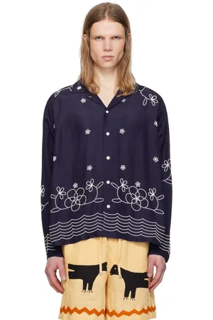 HARAGO Chemise bleu marine à perles brodées