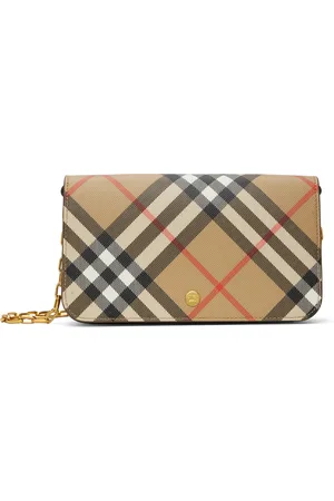Burberry Sac portefeuille beige à chaine et à carreaux