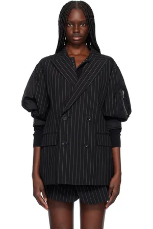 SACAI Veston noir en tissu de costume de laine et en sergé de nylon