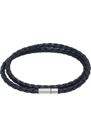 HUGO BOSS Bracelet manchette double tour bleu marine en cuir tressé