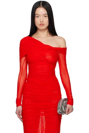 MUGLER Justaucorps ruché rouge à épaule dénudée