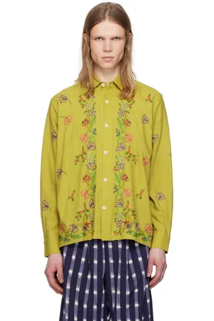 HARAGO Chemise verte à motif fleuri brodé