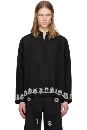 HARAGO Chemise noire à patte boutonnée partielle et à perles