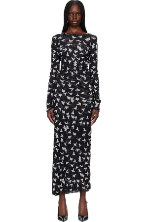Stella McCartney Robe longue à manches longues noire en filet à motif de colombes