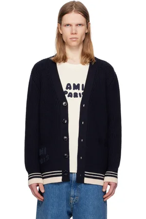 Ami Cardigan bleu marine en tricot côtelé de laine