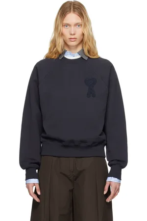 Ami Pull molletonné bleu marine en coton à logo Ami de cœur