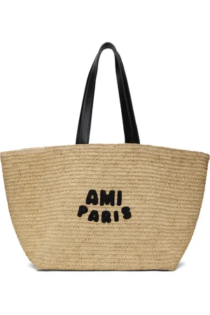Ami Cabas beige en cuir et en raphia à logo