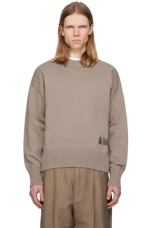 Ami Pull taupe en coton à col ras du cou et à appliqués à logo