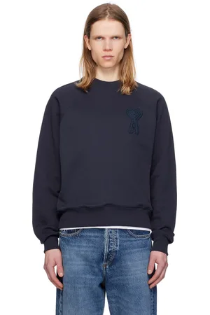 Ami Pull molletonné bleu marine en coton à logo Ami de cœur
