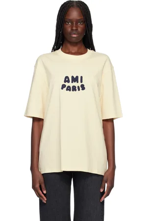 Ami T-shirt blanc cassé en coton à appliqués à logo