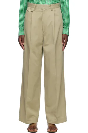 Auralee Pantalon kaki en chino lavé de coton Finx à plis
