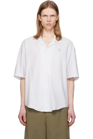 Ami Chemise à manches courtes blanc et bleu en coton à col de camp
