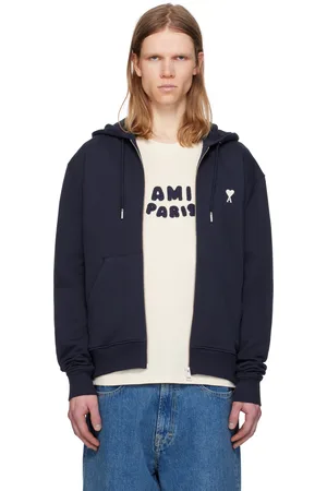 Ami Pull à capuche bleu marine en coton à logo Ami de cœur