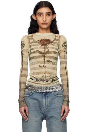 Jean Paul Gaultier T-shirt beige à rayures marinières et à images de style tatouage