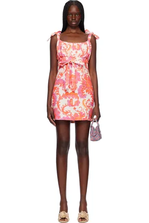 Anna Sui Robe courte blanc cassé et rose en lin à motif fleuri à nouer