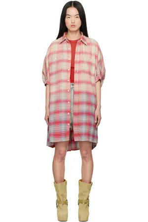 R13 Robe courte de style chemise droite et surdimensionnée rose à carreaux