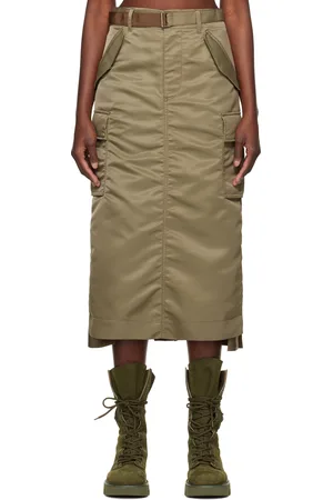 SACAI Jupe midi kaki en sergé de nylon