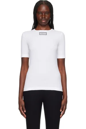 VERSACE T-shirt blanc en jersey côtelé à écusson à logo
