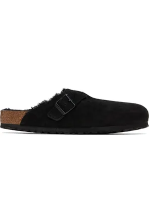 Birkenstock Flâneurs à enfiler Boston noirs en suède à doublure en peau retournée