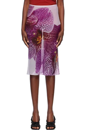 DRIES VAN NOTEN Jupe midi mauve en soie à image imprimée