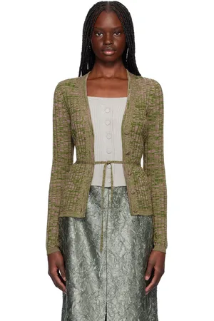 DRIES VAN NOTEN Cardigan rose et vert en tricot côtelé