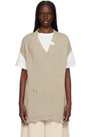 YOHJI YAMAMOTO Gilet 7G2P taupe en tricot à col en V - POUR HOMME
