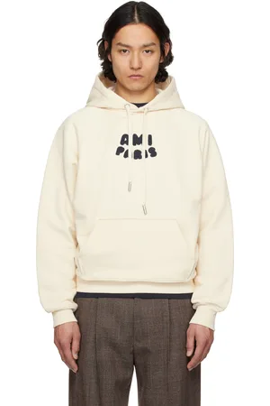 Ami Pull à capuche blanc cassé en coton à appliqués à logo