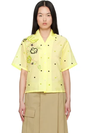 Kenzo Chemise jaune à image de pivoines et motif à pois brodés