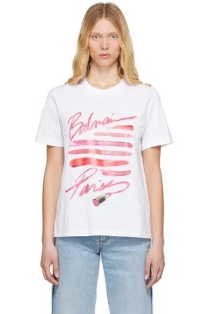 Balmain T-shirt blanc à image de rouge à lèvres à logo imprimée