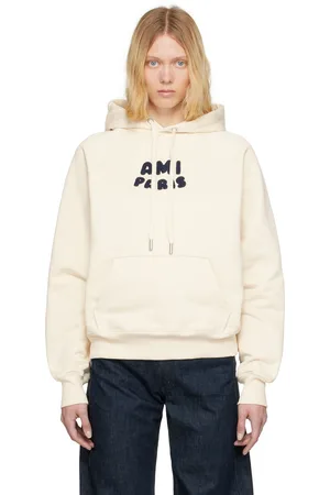 Ami Pull à capuche blanc cassé en coton à appliqués à logo