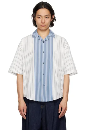 Ami Chemise à manches courtes droite blanc et bleu en coton