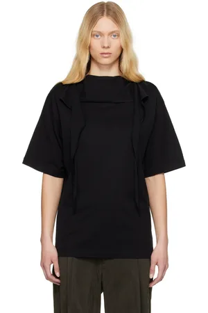 LEMAIRE T-shirt noir à garniture à nouer prolongée au col replié