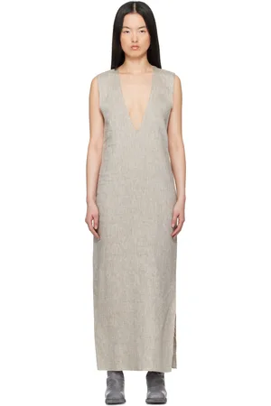 GABRIELA COLL GARMENTS Robe midi No.61 grise en lin à col en V