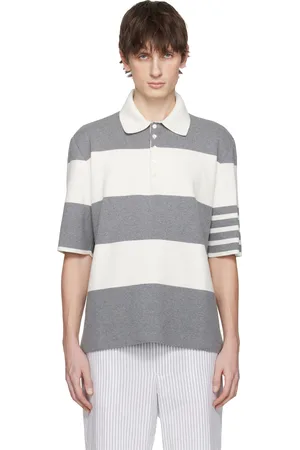 Thom Browne Polo de rugby à manches courtes gris et blanc cassé en point de milan à rayures