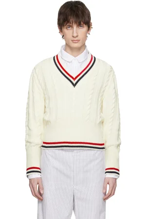 Thom Browne Pull blanc en tricot câblé à col en V
