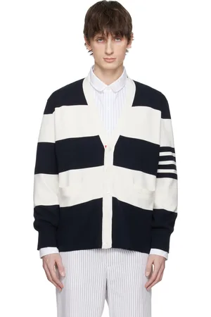 Thom Browne Cardigan de rugby bleu marine et blanc cassé en point de milan à rayures