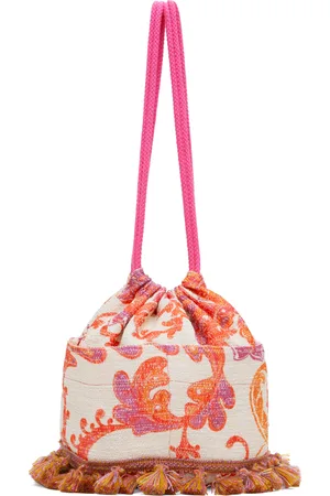 Anna Sui Sac à bandoulière rose et blanc cassé en lin à arabesque et à pampilles