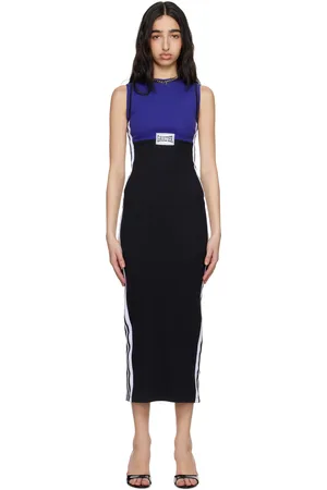 Jean Paul Gaultier Robe midi bleu marine et noir en tricot côtelé de coton