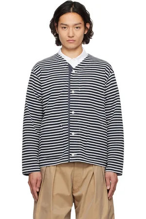 ENGINEERED GARMENTS Cardigan PC blanc et bleu marine en jersey à rayures