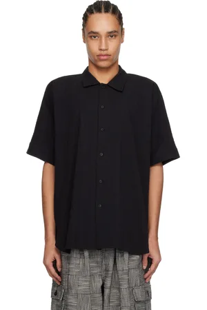 JAN JAN VAN ESSCHE Chemise à manches courtes noire en tissu gaufré de coton et lin - O-Project