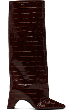 COPERNI Bottes hautes Bridge brunes en cuir verni gaufré façon croco