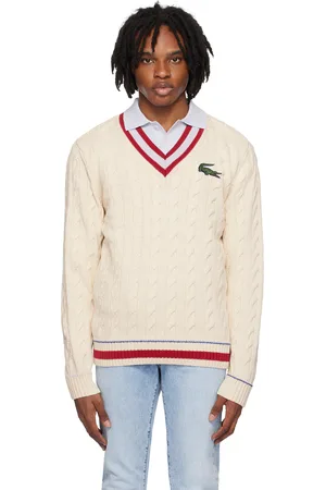 Lacoste Pull blanc cassé à col en V