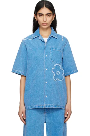 Marni Chemise bleue en denim de coton à appliqué et à effet délavé