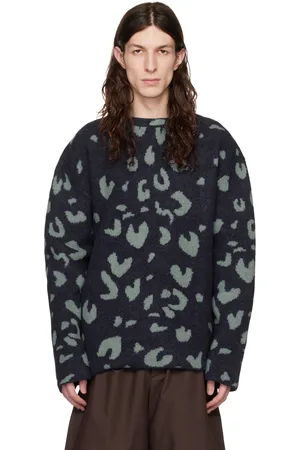 Jil Sander Pull à manches longues bleu à col ras du cou et à motif léopard