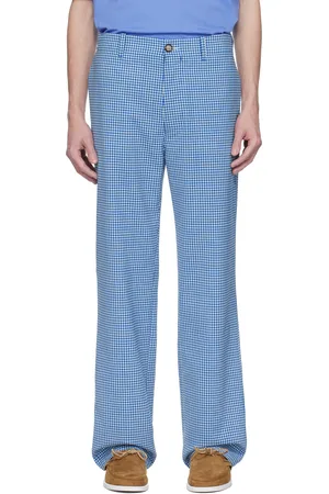 Marni Pantalon bleu et blanc en laine mélangée à motif guingan