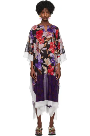 DRIES VAN NOTEN Robe midi noire à motif fleuri imprimé