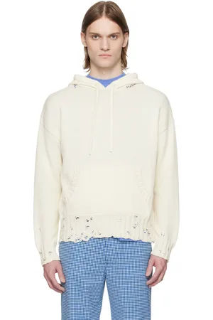 Marni Pull à capuche blanc cassé en coton à effet usé