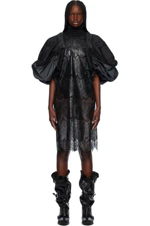 JUNYA WATANABE Robe midi noir et gris en tissu antidéchirures de nylon et en dentelle de polyester à bord festonné