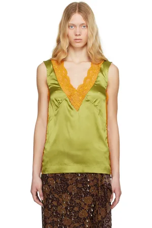 DRIES VAN NOTEN Débardeur kaki et orange en dentelle de soie