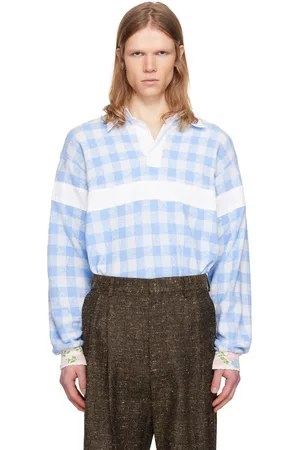 Anna Sui Polo à manches longues bleu et blanc en tissu éponge à motif guingan